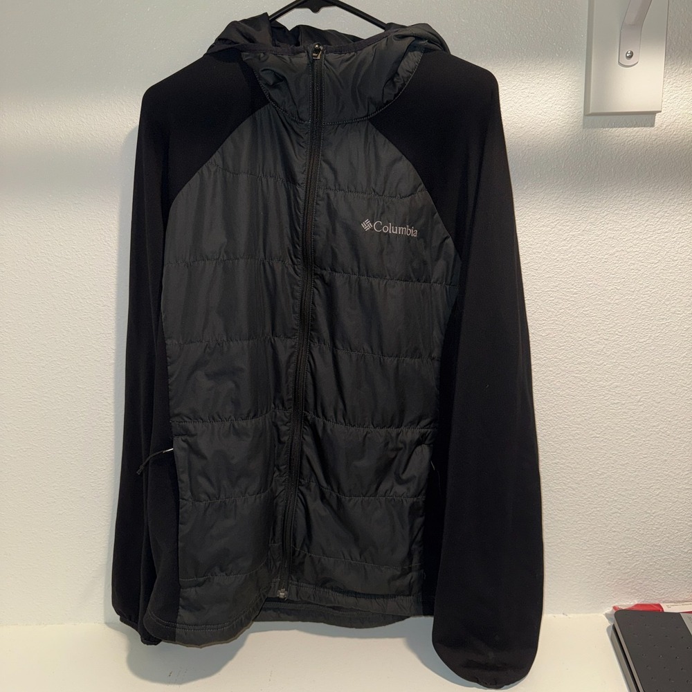 Columbia Mens L Black Hooded Hybrid Jacket Full Zip Lightweight Outdoor